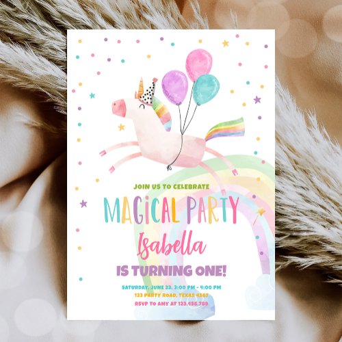 Magical Unicorn Party Rainbow Girl First Birthday Invitation