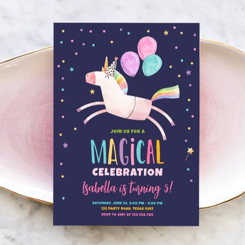 Magical Unicorn Party Rainbow Girl First Birthday Invitation