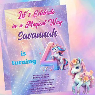 Magical Unicorn Pastel 4th Birthday Party  Invitation