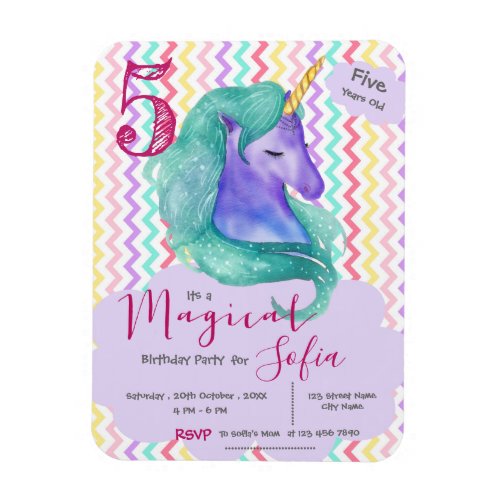 Magical Unicorn Pastel Chevron Birthday Invitation Magnet