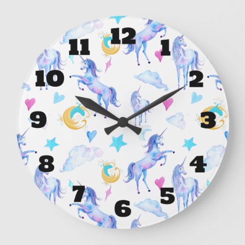 Magical Unicorn Pattern Watercolor Fantasy Design Large Clock