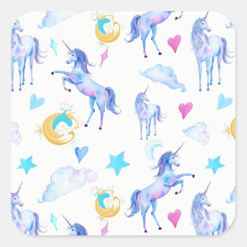 Magical Unicorn Pattern Watercolor Fantasy Design Square Sticker