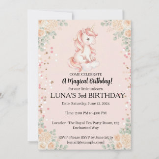 Magical Unicorn & Peach Florals Invitation