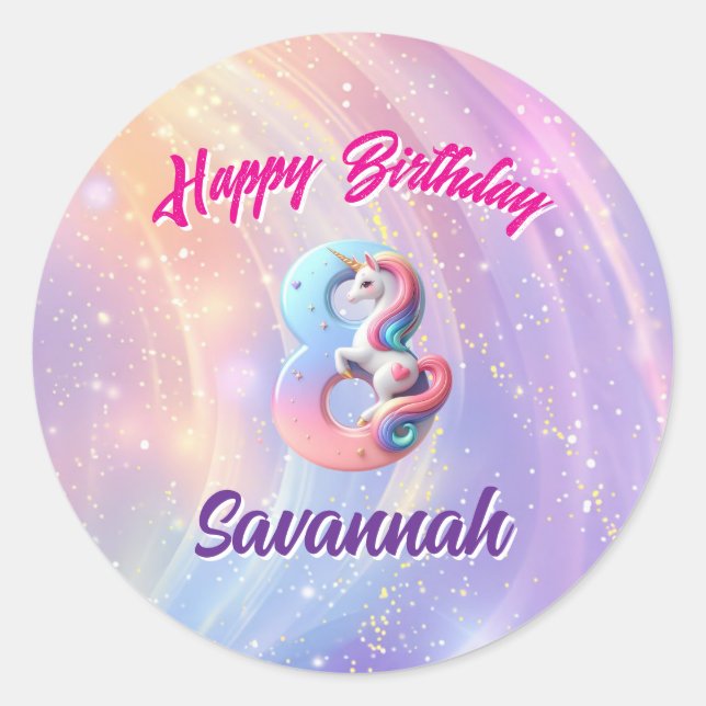Magical Unicorn Personalized 8th Birthday Stickers (Front)