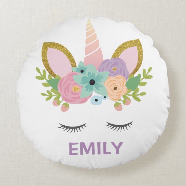 Magical Unicorn Personalized  name glitter girly   Round Pillow (Front)