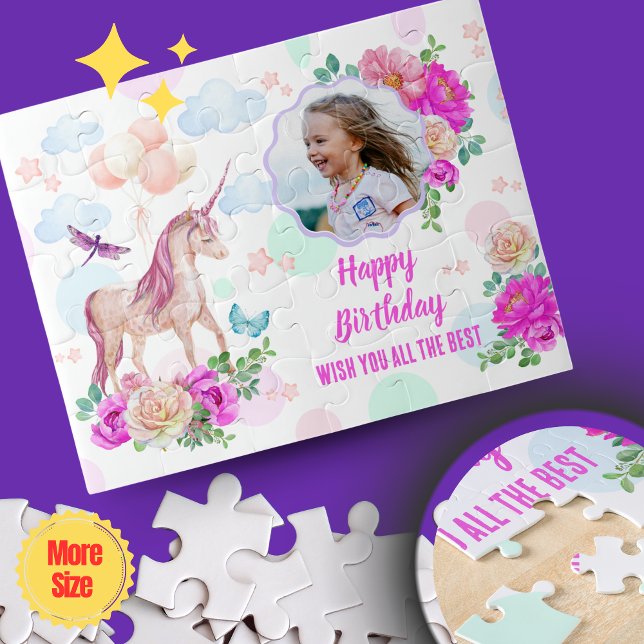 Magical Unicorn Personalized Photo Jigsaw Puzzle (Magical Unicorn Personalized Photo Jigsaw Puzzle - Pink & Purple Watercolor Dream)