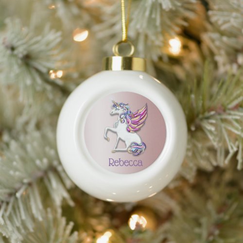 Magical Unicorn Personalized Pink Ceramic Ball Christmas Ornament