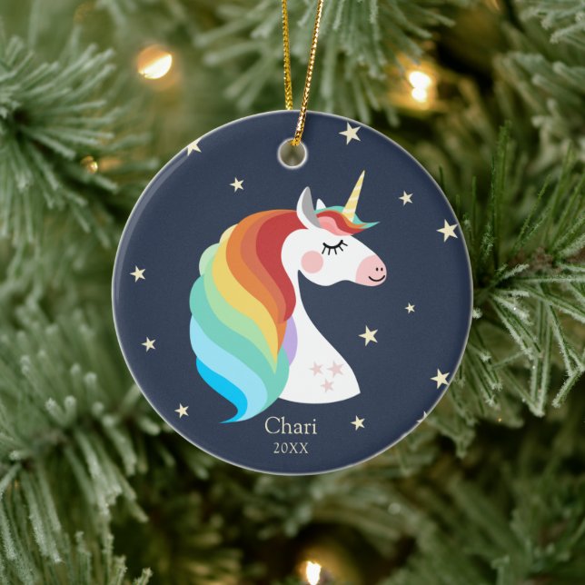 Magical Unicorn Personalized Rainbow Christmas Ceramic Ornament (Tree)