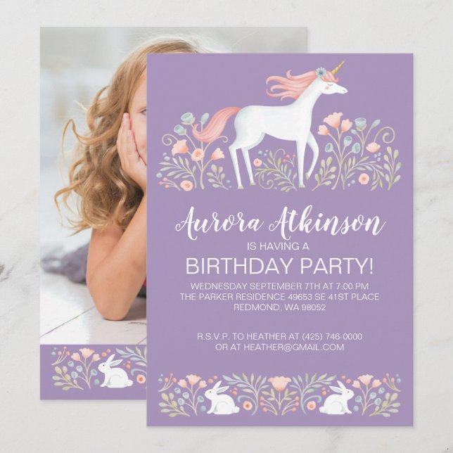 Magical Unicorn Photo Birthday Party Invitation (Front/Back)