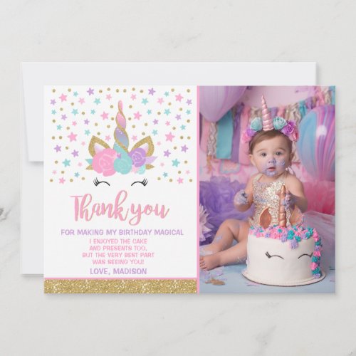 Magical Unicorn Photo Thank You Card Pink Gold