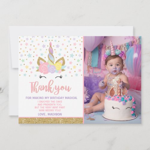 Magical Unicorn Photo Thank You Card Pink Gold