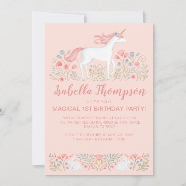 Magical Unicorn Pink 1st Birthday Party Invitation (Front)