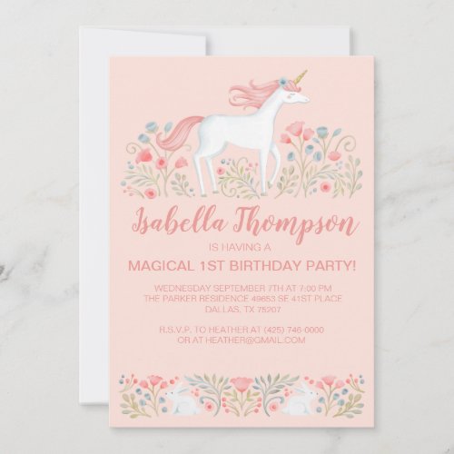 Magical Unicorn Pink 1st Birthday Party Invitation