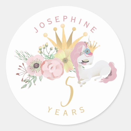 Magical unicorn pink and gold 5th birthday girl classic round sticker