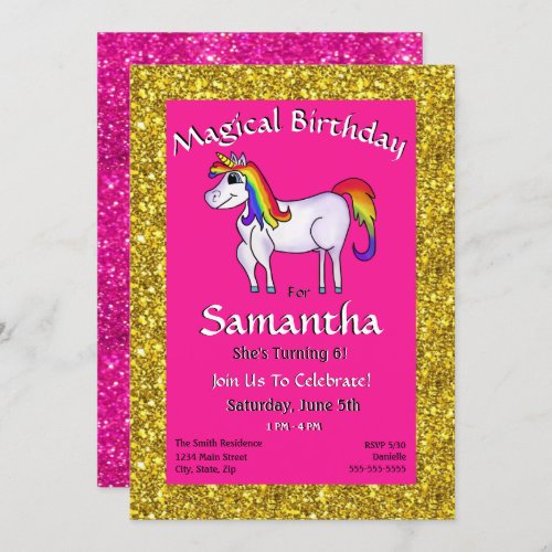 Magical Unicorn Pink And Gold Birthday Invitation