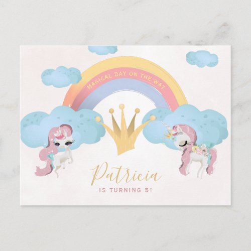 Magical unicorn pink and gold girls birthday party postcard