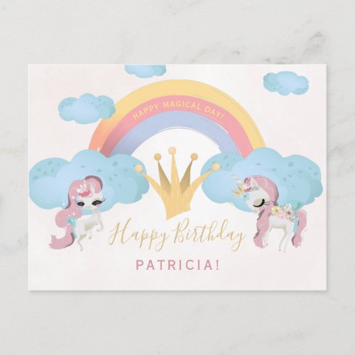 Magical unicorn pink and gold girls happy birthday postcard