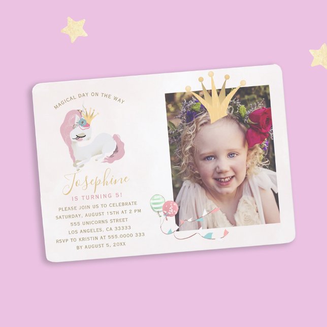 Magical unicorn pink and gold girls photo birthday invitation (Creator Uploaded)