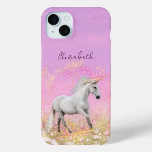 Magical Unicorn Pink and Lavender Name Template iPhone 15 Plus Case