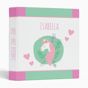 Magical Unicorn Pink and Teal Little Girl Name 3 Ring Binder