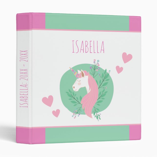 Magical Unicorn Pink and Teal Little Girl Name 3 Ring Binder (Front/Spine)