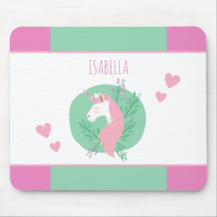 Magical Unicorn Pink and Teal Little Girl Name Mouse Pad