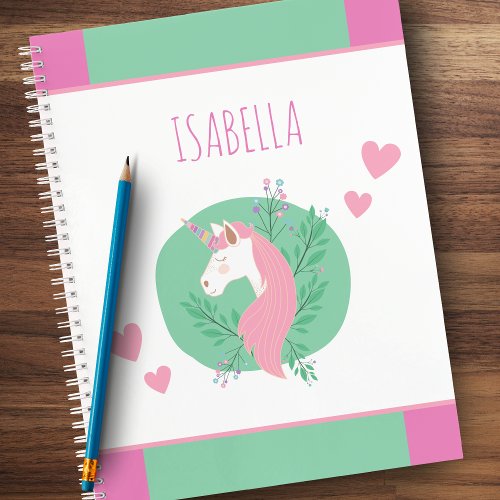 Magical Unicorn Pink and Teal Little Girl Name Notebook