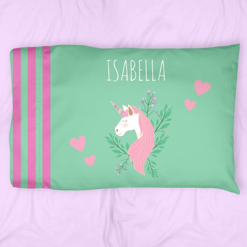 Magical Unicorn Pink and Teal Little Girl Name Pillow Case