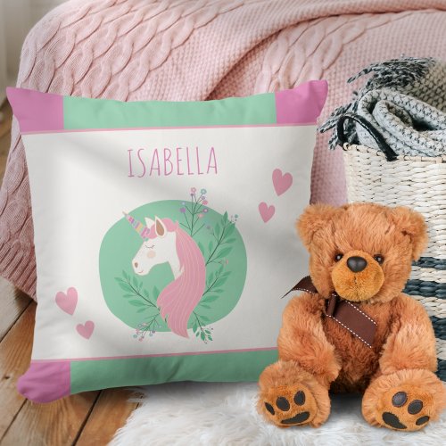 Magical Unicorn Pink and Teal Little Girl Name Throw Pillow