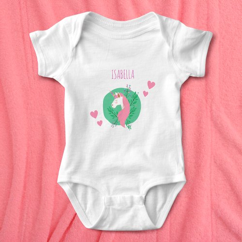 Magical Unicorn Pink and Teal with Name Girl Baby Bodysuit