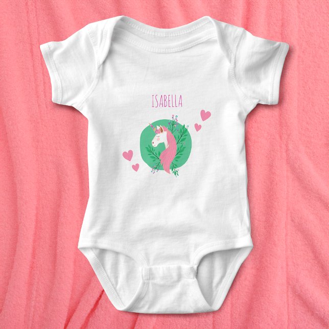 Magical Unicorn Pink and Teal with Name Girl Baby Bodysuit (Creator Uploaded)