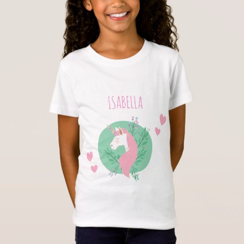 Magical Unicorn Pink and Teal with Name Girl T_Shirt