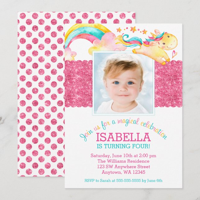 Magical Unicorn Pink Birthday Photo Invitations (Front/Back)
