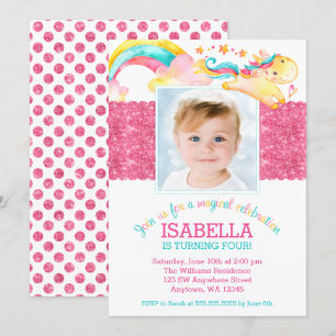 Magical Unicorn Pink Birthday Photo Invitations