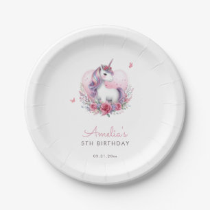 Magical Unicorn Pink Butterflies Elegant Paper Plates