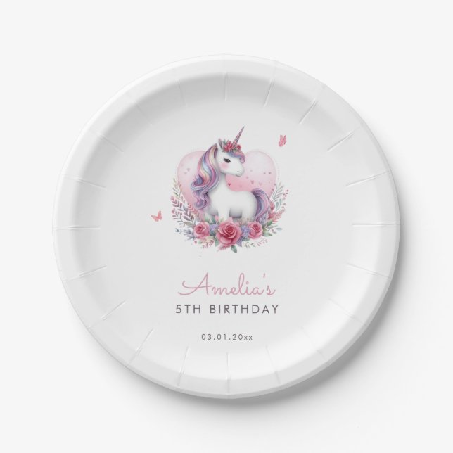Magical Unicorn Pink Butterflies Elegant Paper Plates (Front)
