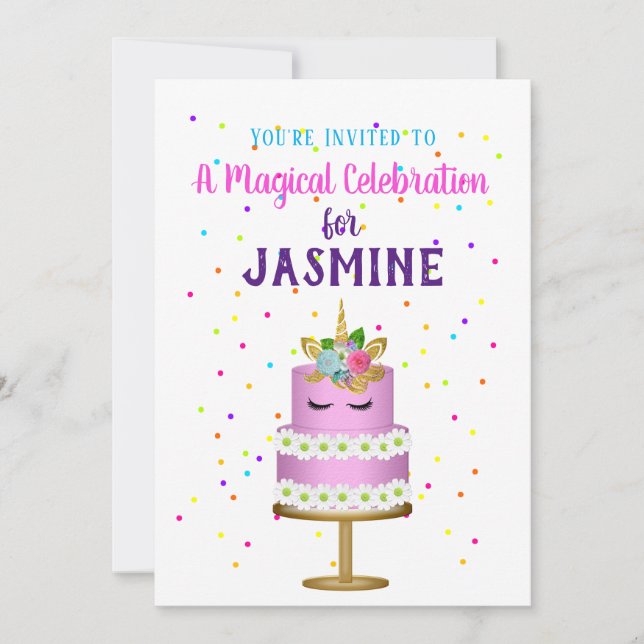 Magical Unicorn Pink Cake Confetti Invitation (Front)