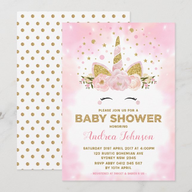 Magical Unicorn Pink Clouds Girl Baby Shower Invitation (Front/Back)