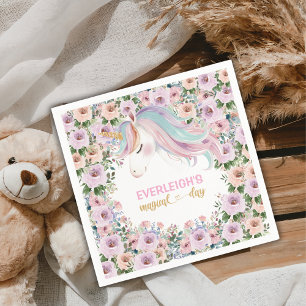 Magical Unicorn Pink Flower 1st birthday Napkins