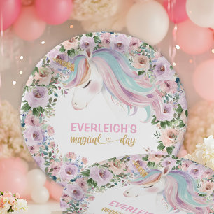 Magical Unicorn Pink Flower 1st birthday Paper Plates