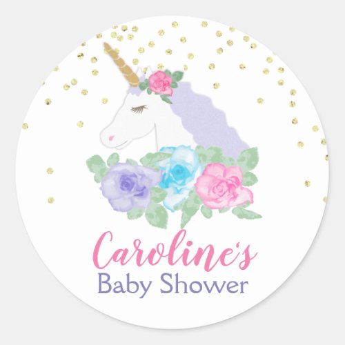 Magical Unicorn Pink  Gold Baby Shower Classic Round Sticker