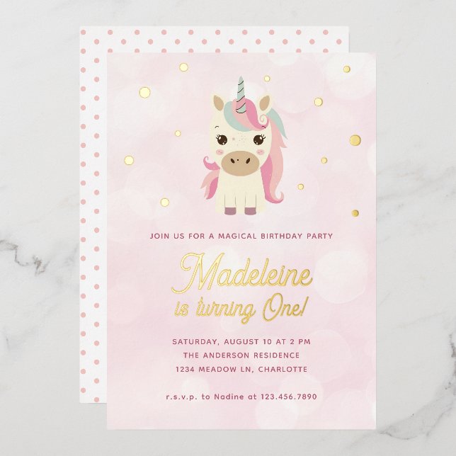 Magical Unicorn Pink Gold Dots 1st Birthday Foil Invitation (Front/Back)