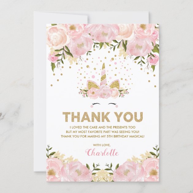 Floral Gold Unicorn Party Thank You Cards