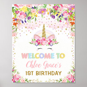 Magical Unicorn Pink Gold Floral Birthday Welcome Poster