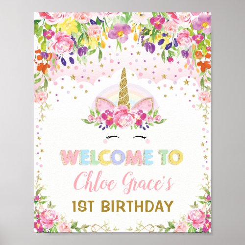 Magical Unicorn Pink Gold Floral Birthday Welcome Poster