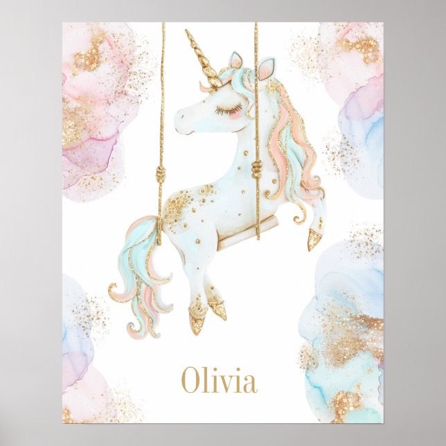 Magical Unicorn Pink & Gold Girls Name Poster (Front)