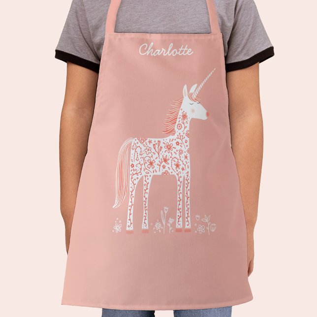 Magical Unicorn Pink Personalized Name Apron (Magical unicorn personalized name girl's pink apron)