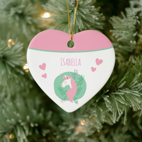 Magical Unicorn Pink Teal w Name Girl Christmas Ceramic Ornament