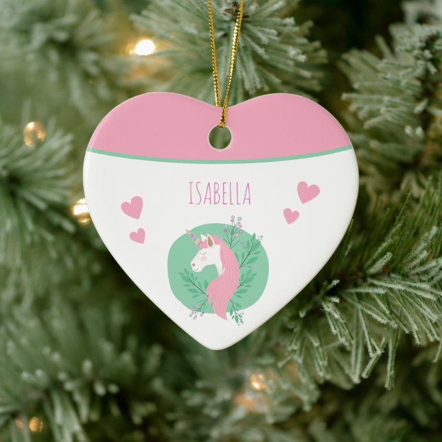Magical Unicorn Pink Teal w Name Girl Christmas Ceramic Ornament (Tree)
