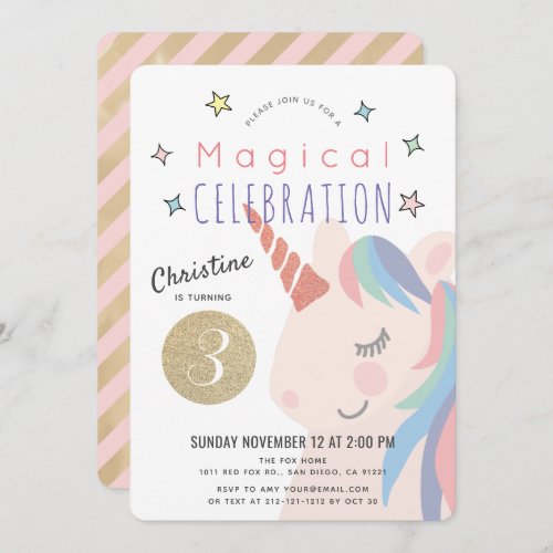 Magical Unicorn Pink x Gold Girl Birthday Invitation